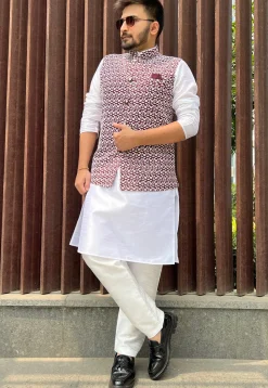 Embroidered Art Silk Nehru Jacket in Maroon