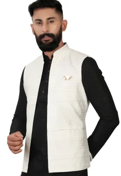 Embroidered Art Silk Nehru Jacket in Off White