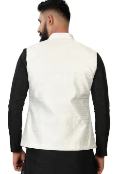 Embroidered Art Silk Nehru Jacket in Off White