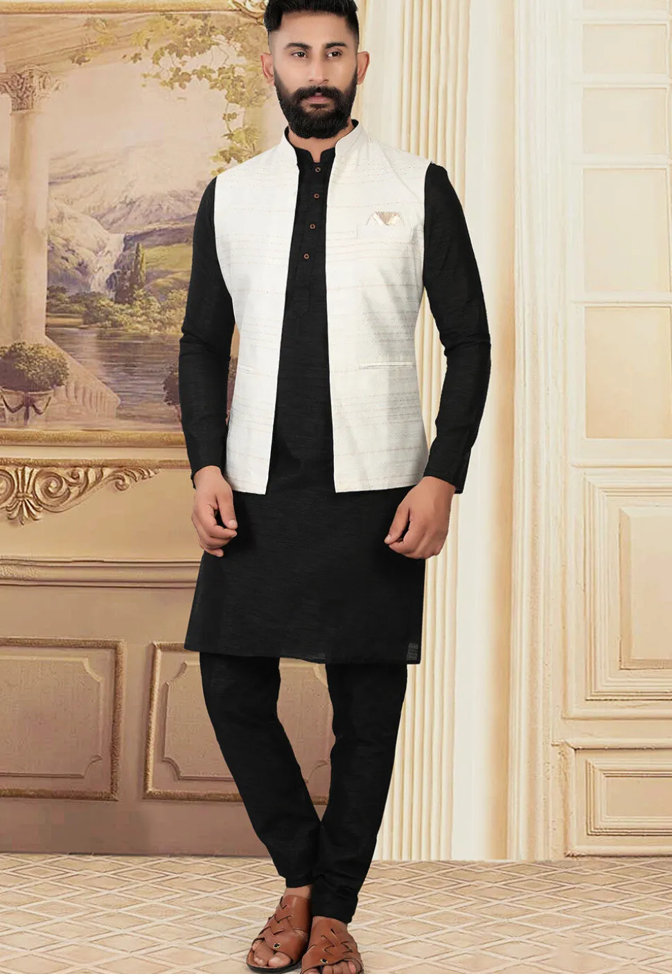 Embroidered Art Silk Nehru Jacket in Off White
