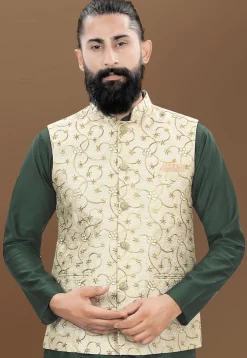 Embroidered Art Silk Nehru Jacket in Cream