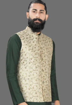 Embroidered Art Silk Nehru Jacket in Cream
