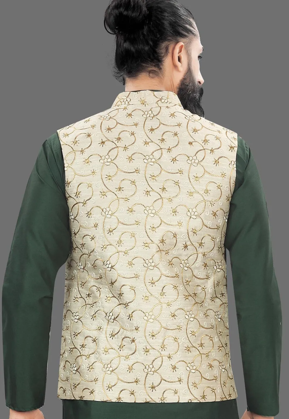 Embroidered Art Silk Nehru Jacket in Cream