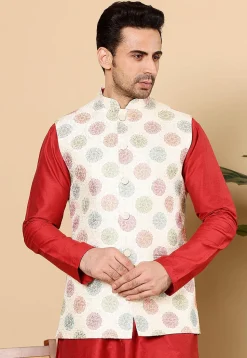 Embroidered Art Silk Nehru Jacket in Off White