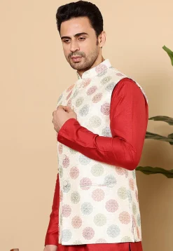 Embroidered Art Silk Nehru Jacket in Off White