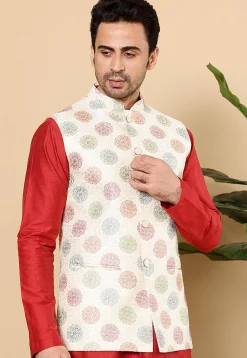 Embroidered Art Silk Nehru Jacket in Off White