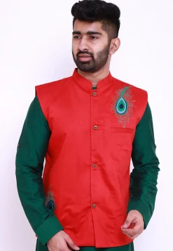 Embroidered Art Silk Nehru Jacket in Red