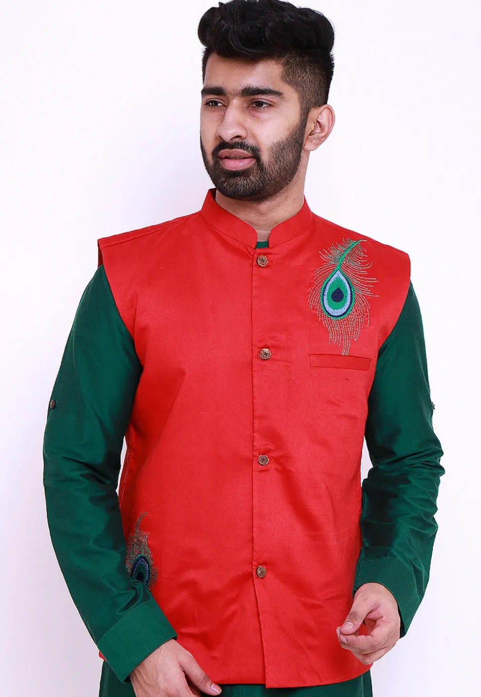 Embroidered Art Silk Nehru Jacket in Red