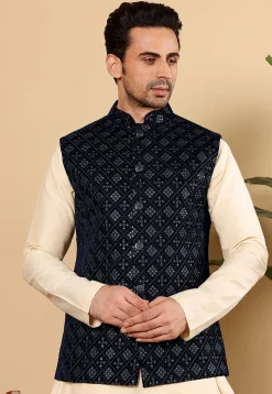 Embroidered Art Silk Nehru Jacket in Black