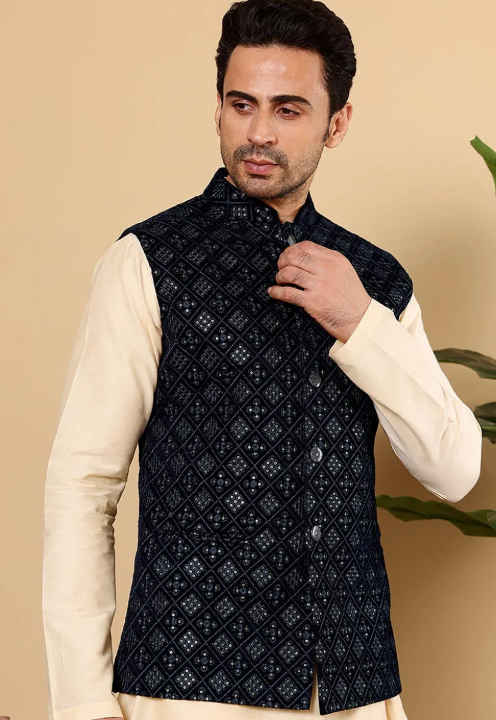 Embroidered Art Silk Nehru Jacket in Black