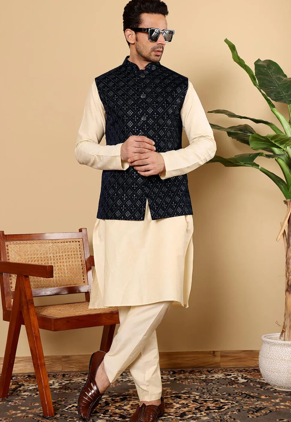 Embroidered Art Silk Nehru Jacket in Black