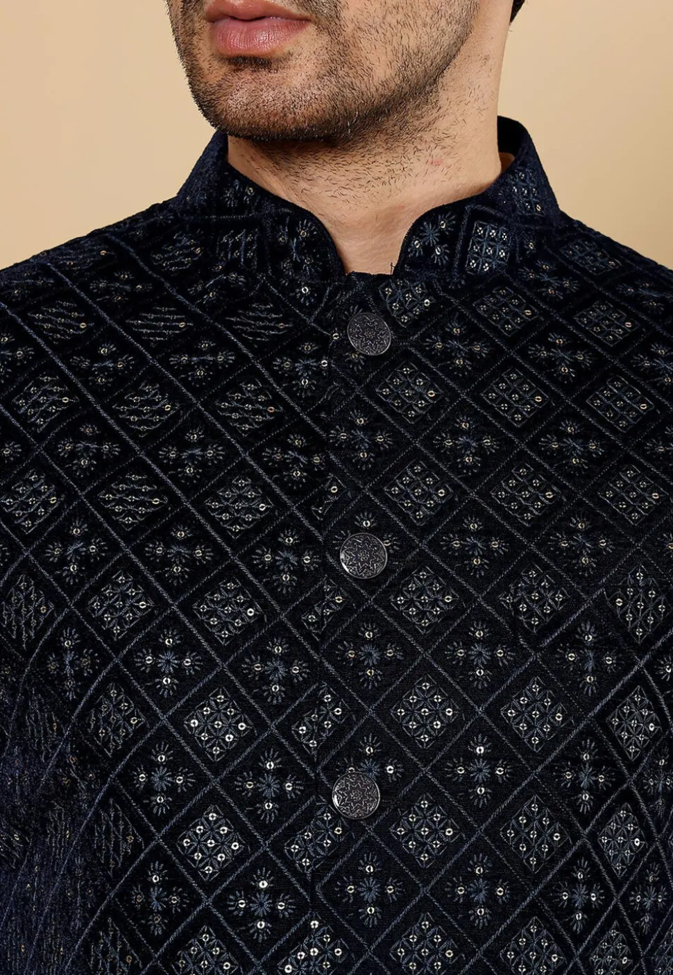 Embroidered Art Silk Nehru Jacket in Black