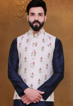 Embroidered Art Silk Nehru Jacket in Off White