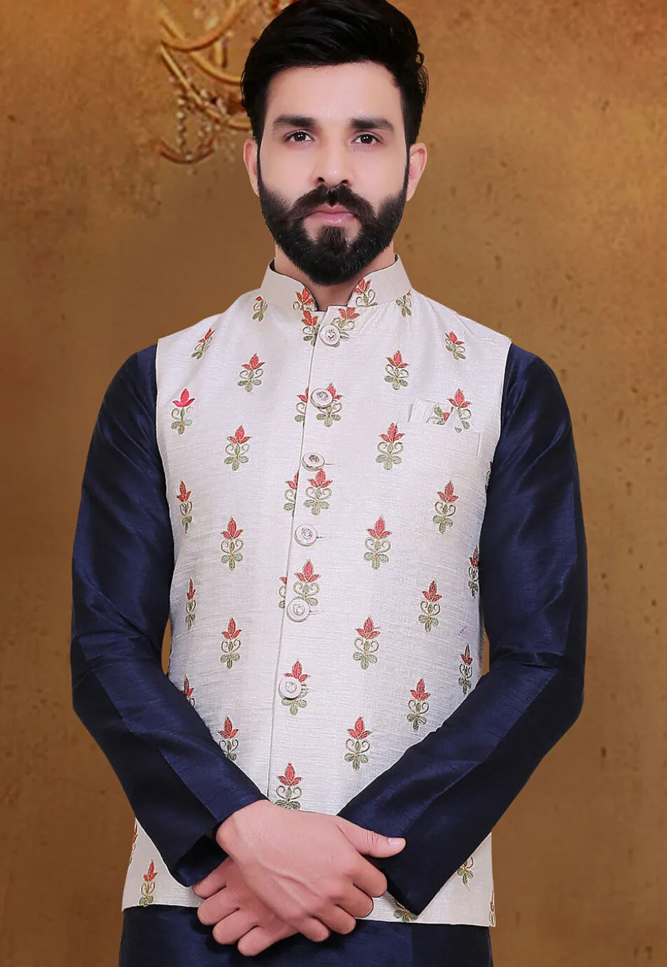 Embroidered Art Silk Nehru Jacket in Off White