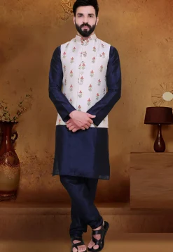 Embroidered Art Silk Nehru Jacket in Off White