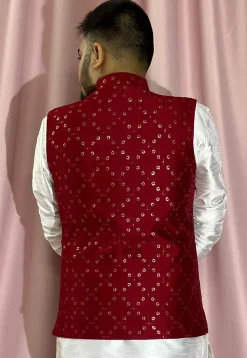 Embroidered Art Silk Nehru Jacket in Maroon