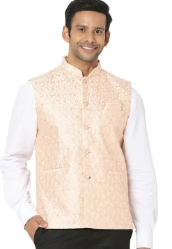 Embroidered Art Silk Nehru Jacket in Peach Orange