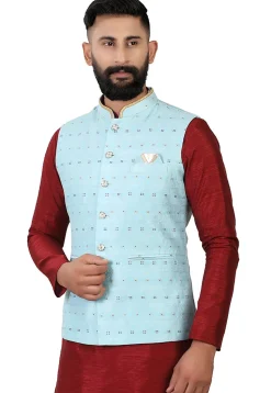 Embroidered Art Silk Nehru Jacket in Sky Blue