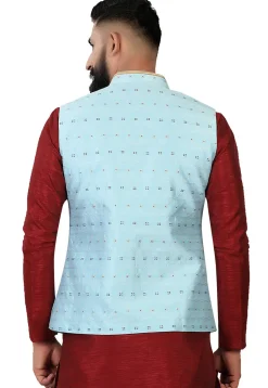 Embroidered Art Silk Nehru Jacket in Sky Blue