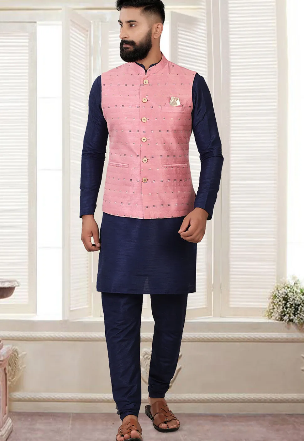 Embroidered Art Silk Nehru Jacket in Pink