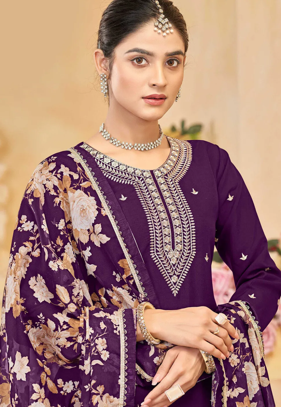 Embroidered Art Silk Pakistani Suit in Purple