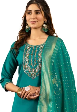 Embroidered Art Silk Pakistani Suit in Teal Green