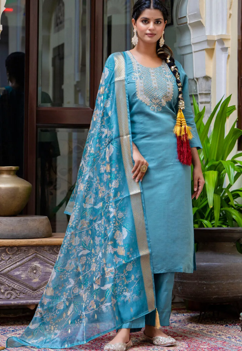 Embroidered Art Silk Pakistani Suit in Light Teal Blue