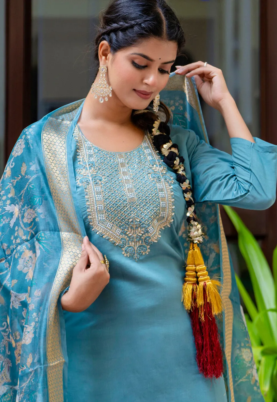 Embroidered Art Silk Pakistani Suit in Light Teal Blue