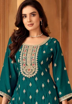 Embroidered Art Silk Pakistani Suit in Turquoise