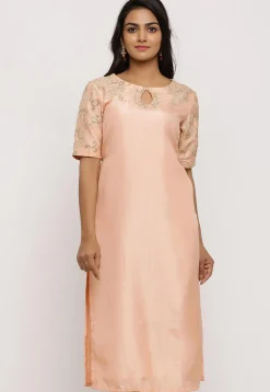Embroidered Art Silk Pakistani Kurta in Old Rose