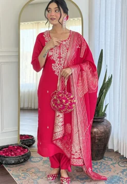Embroidered Art Silk Pakistani Suit in Fuchsia