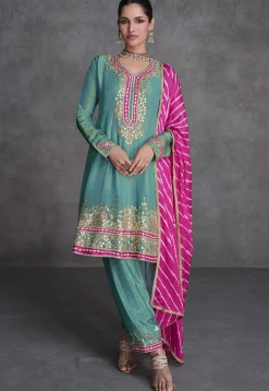 Embroidered Art Silk Pakistani Suit in Light Blue