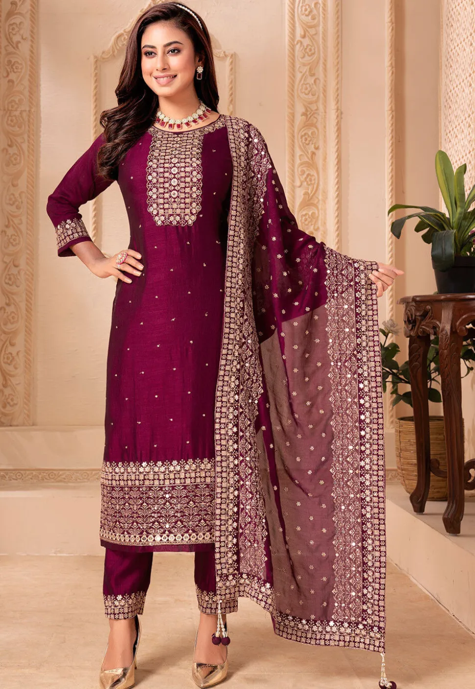 Embroidered Art Silk Pakistani Suit in Purple