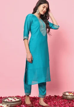 Embroidered Art Silk Pakistani Suit in Turquoise