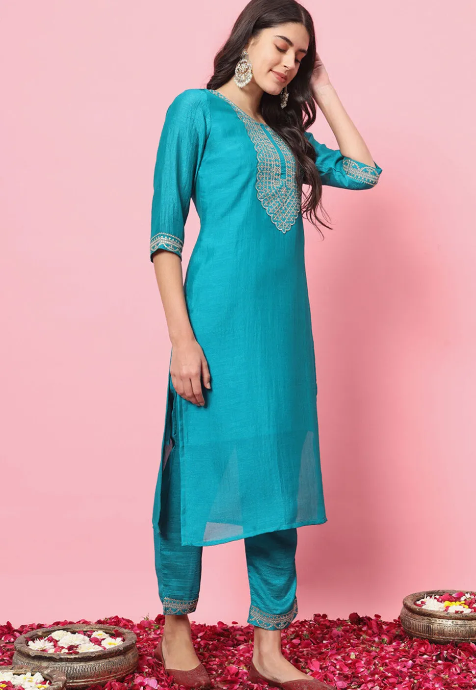 Embroidered Art Silk Pakistani Suit in Turquoise