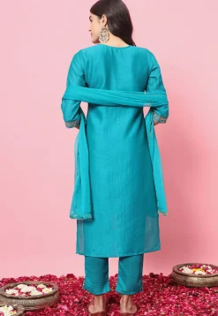 Embroidered Art Silk Pakistani Suit in Turquoise
