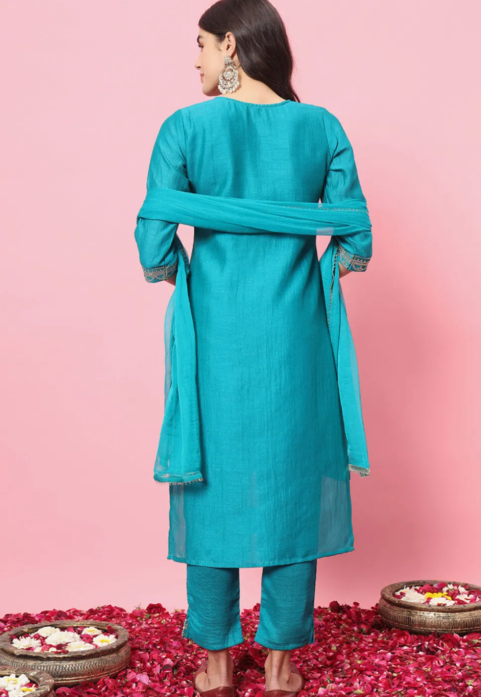Embroidered Art Silk Pakistani Suit in Turquoise