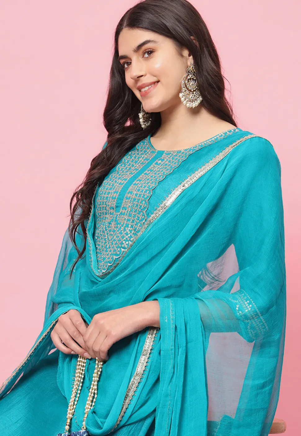 Embroidered Art Silk Pakistani Suit in Turquoise
