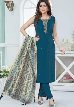 Embroidered Art Silk Pakistani Suit in Teal Blue