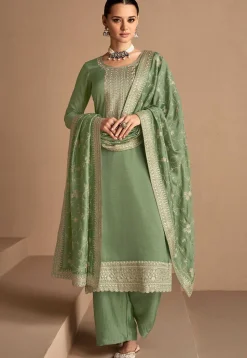 Embroidered Art Silk Pakistani Suit in Dusty Green