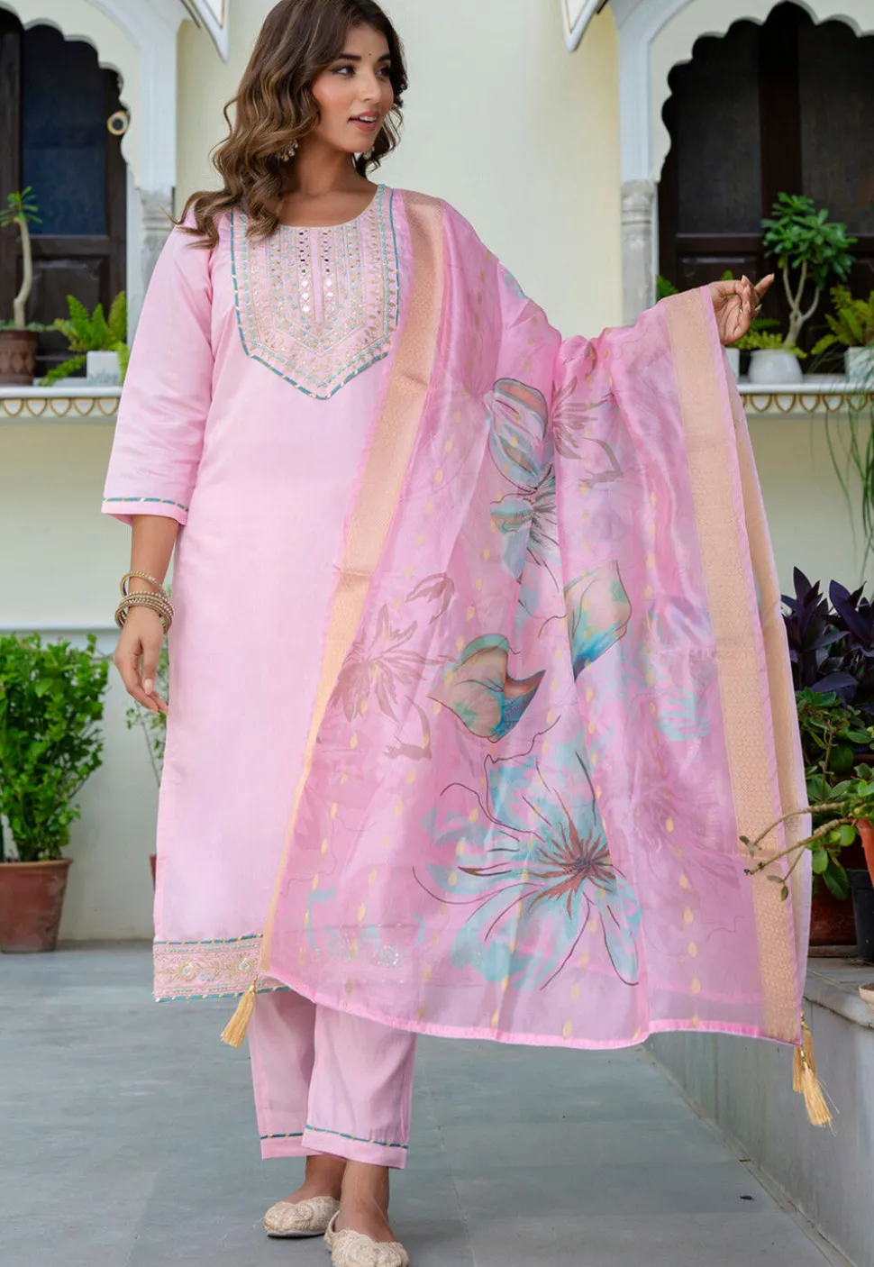 Embroidered Art Silk Pakistani Suit in Baby Pink