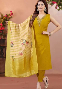 Embroidered Art Silk Pakistani Suit in Mustard