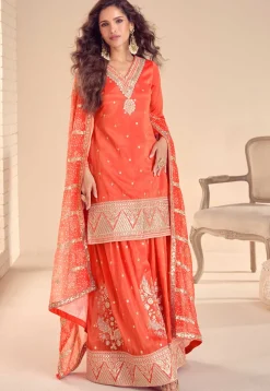 Embroidered Art Silk Pakistani Suit in Orange