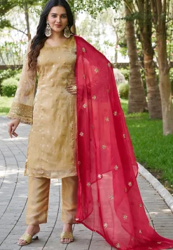 Embroidered Art Silk Pakistani Suit in Beige