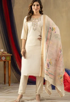 Embroidered Art Silk Pakistani Suit in Off White