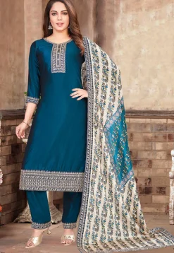 Embroidered Art Silk Pakistani Suit in Teal Blue
