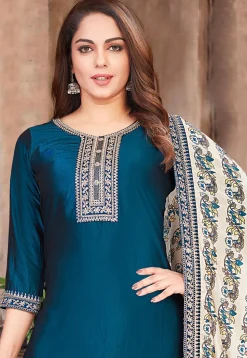 Embroidered Art Silk Pakistani Suit in Teal Blue
