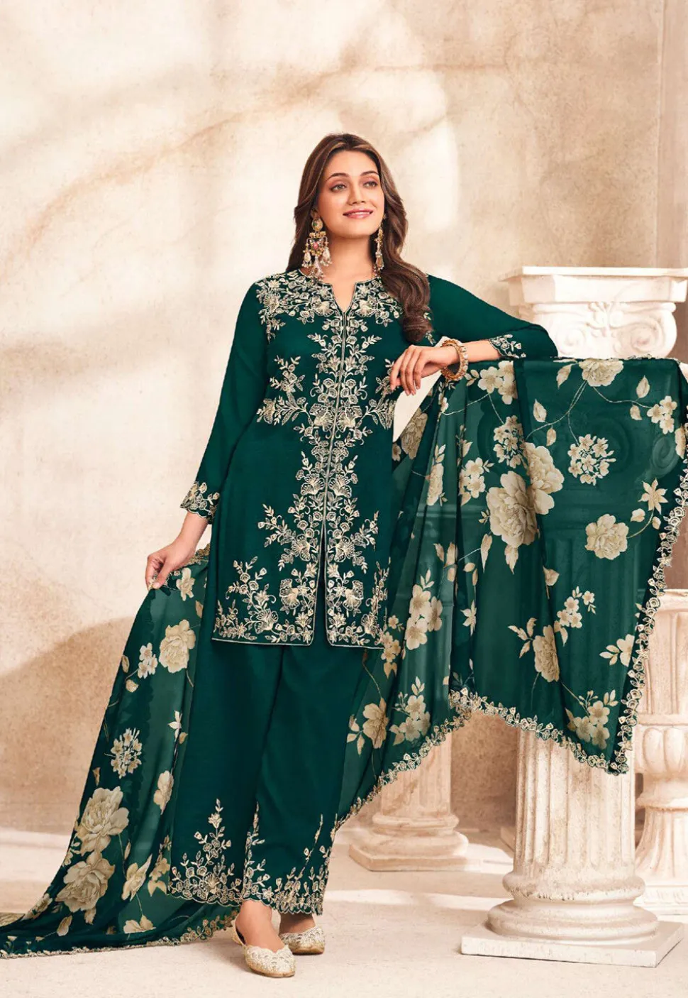 Embroidered Art Silk Pakistani Suit in Teal Green