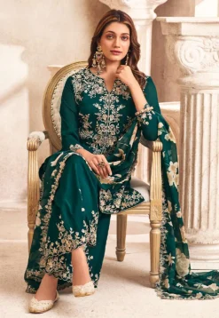 Embroidered Art Silk Pakistani Suit in Teal Green