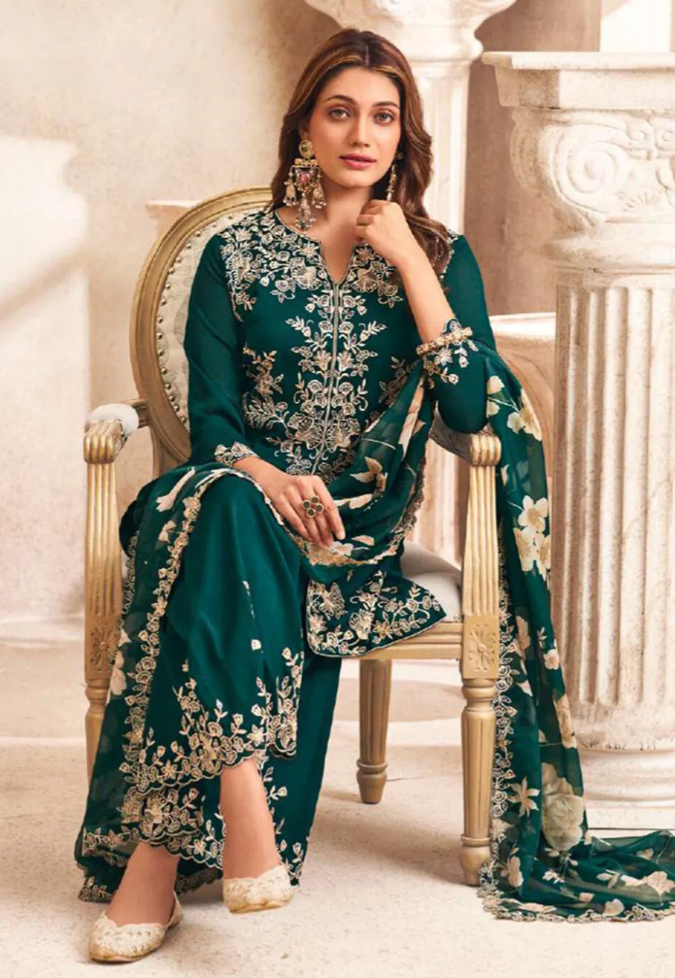 Embroidered Art Silk Pakistani Suit in Teal Green